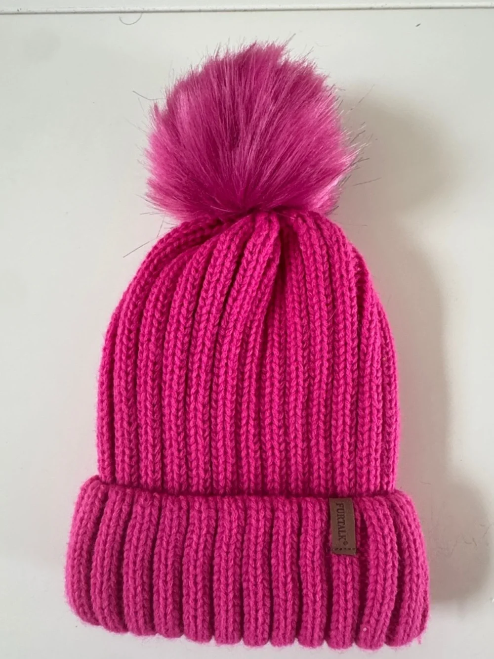 Kids Ribbed Pom Beanie Hat - Fuchsia Pink